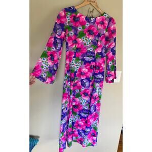 Vtg 70s Hawaiian Bark Cloth Maxi Dress Flare Sleeve Psychadelic Modest Approx M